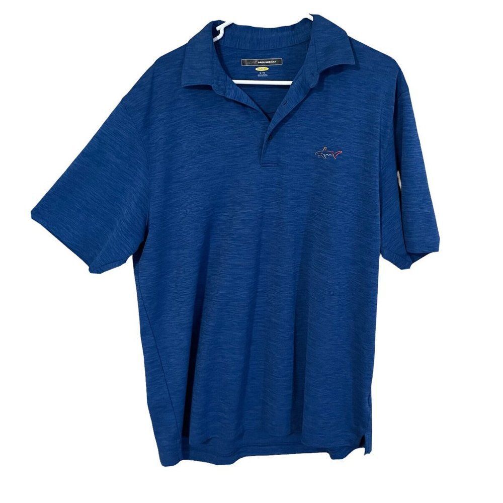 greg norman mens XL heathered blue golf polo shirt logo play dry